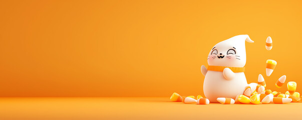 Obraz premium A cute ghost character surrounded by colorful candy corn on a vibrant orange background, perfect for Halloween themes.