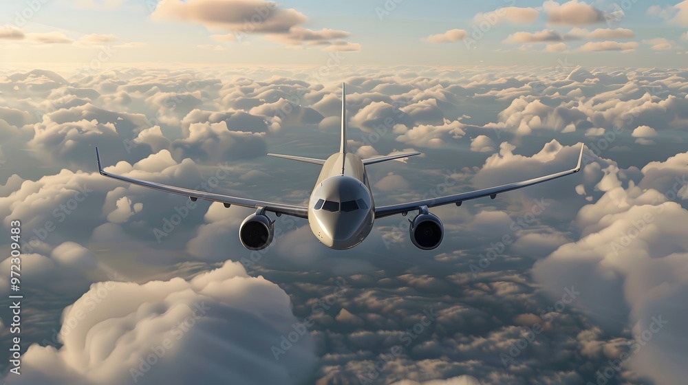 Wall mural airplane flying overhead: a sleek airplane soaring high above the clouds.