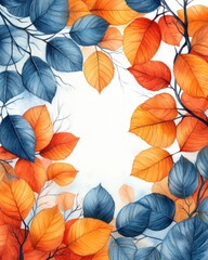 Obraz premium A vibrant watercolor illustration of autumn leaves in orange and blue