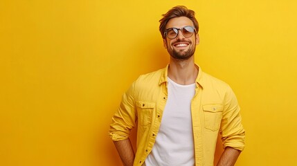 Obraz premium Photo of attractive positive man wear stylish clothes arm hold empty space isolated on vivid yellow color background