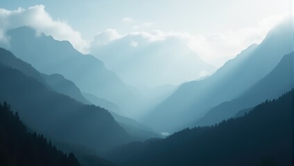 Obraz premium Misty Mountain Landscape with Blue Sky and Clouds