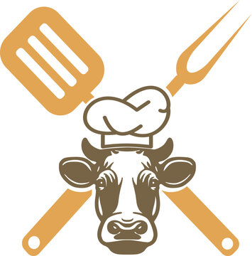 a logo for a restaurant or butcher with a cow wearing a chef's hat and barbecue cutlery