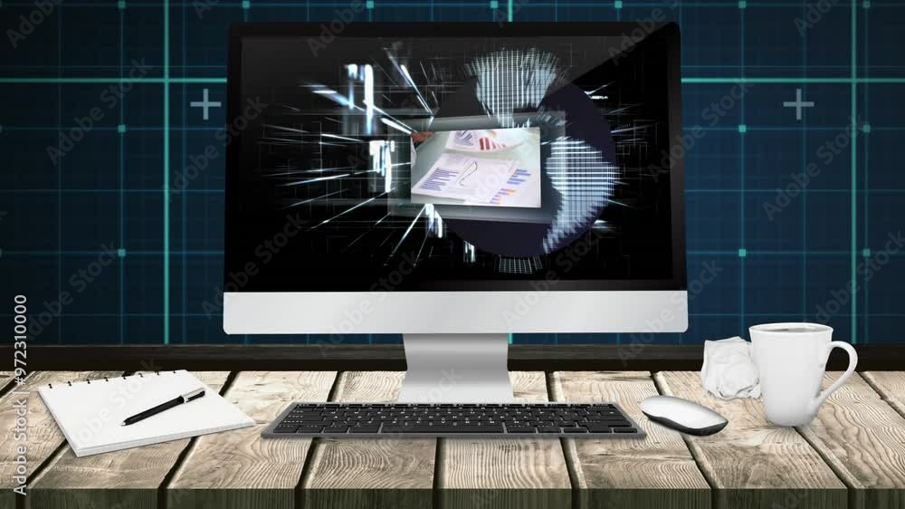 Poster digital data processing over computer screen with documents on wooden desk