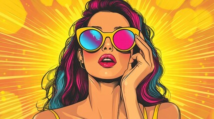 Colorful female illustration with vibrant sunglasses and striking lips against a bright yellow background.
