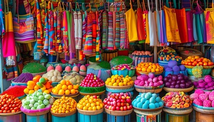 bright, colorful market scene with stalls filled with vibrant produce