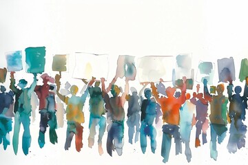 Fototapeta premium Crowd of people with banners and placards, public rally, democratic protest. Watercolor illustration.