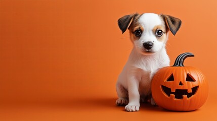 Cute puppy sitting with Halloween pumpkin, orange background, copy space