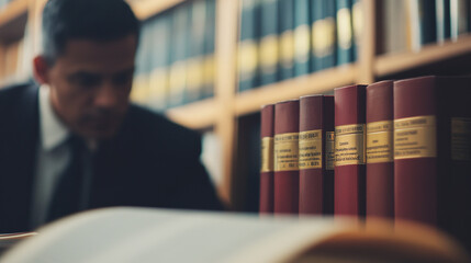 Banker is reviewing business financial documents with blurred background of law books and digital screen showing regulations, highlighting compliance and professionalism in the financial industry.