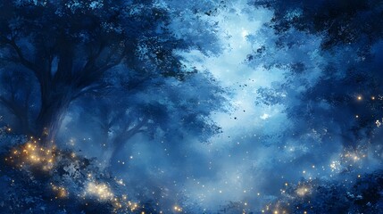 Fototapeta premium Enchanted forest with towering ancient trees, glowing fireflies hovering around mystical blue mist, Fantasy, Watercolor, soft light, magical and serene atmosphere