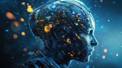 A futuristic humanoid figure with a digital, circuit-like design and glowing elements.