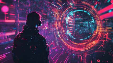 Naklejka premium A figure in a futuristic setting interacts with a vibrant digital portal.