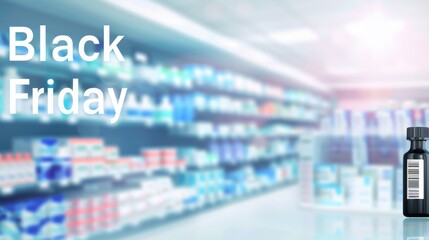 Pharmacy sale banner, "Black Friday" in simple font, medicine bottles and healthcare items, ample space for text, pharmacy background, bright lighting. 