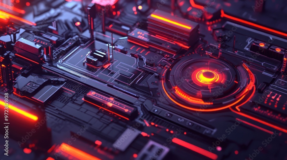 Wall mural abstract digital circuit design with glowing red elements for futuristic technology themes.
