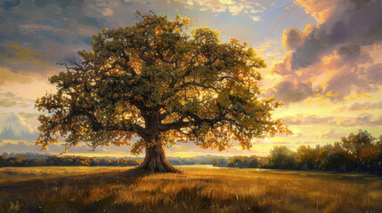 Fototapeta premium Golden Hour Majesty: A solitary oak tree stands tall and proud against a breathtaking sunset, its branches reaching towards the sky like arms in prayer. The golden light bathes the landscape in a warm