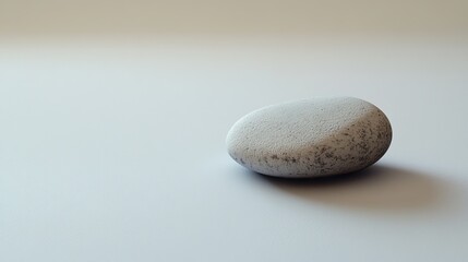 Minimalist close-up of a single pebble on a smooth white surface, with soft shadows and a focus on the texture, symbolizing the beauty of simplicity, 4K hyperrealistic photo.