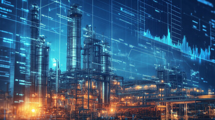 Blueprint of factory buildings overlaid with investment charts