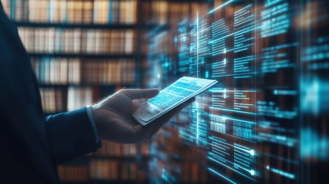 Banker is reviewing business financial documents with blurred background of law books and digital screen showing regulations, highlighting compliance and professionalism in the financial industry.