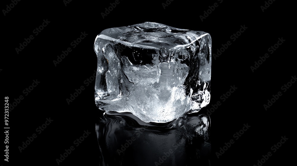 Poster a large ice cube sits on a black surface with its reflection visible.