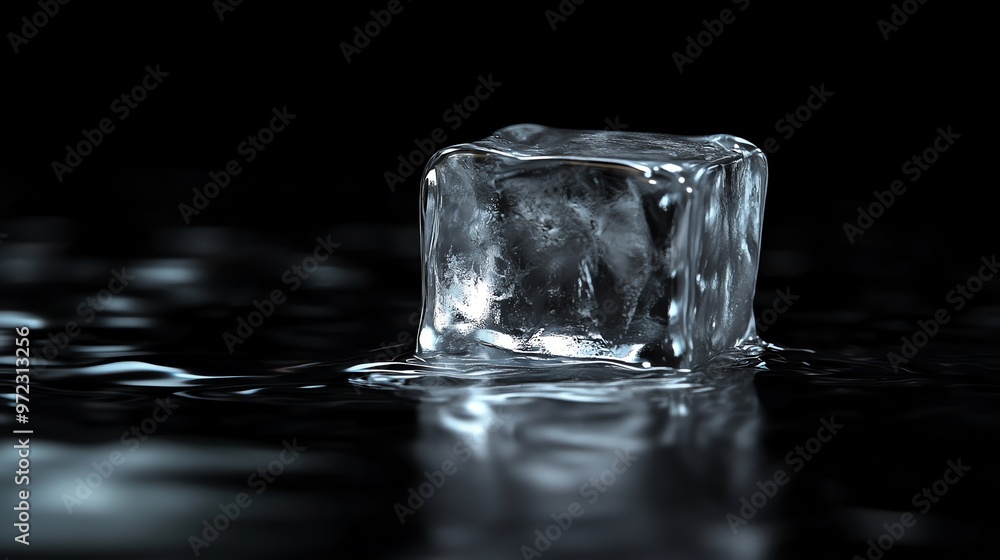 Poster a single ice cube floats in water, creating ripples. perfect for refreshing drink or cold beverage c