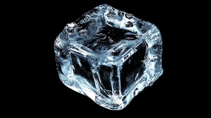 Obraz premium A single ice cube with air bubbles frozen inside, isolated on a black background.
