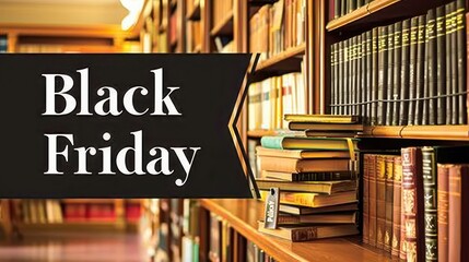 Bookstore sale banner, "Black Friday" in elegant black script, stacks of books and bookmarks, large copy space below, library setting, warm tones. 