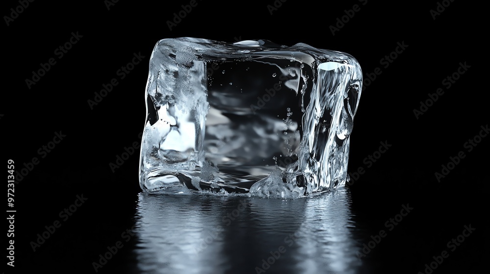 Poster a single ice cube sits on a black surface, reflecting light and casting a shadow.