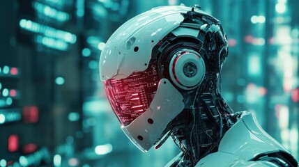 Futuristic robotic head with glowing elements in a high-tech urban environment.