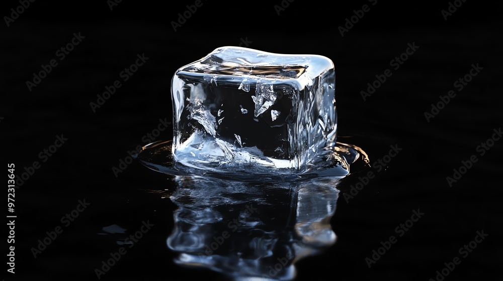 Poster single ice cube on a black background with its reflection in the water.