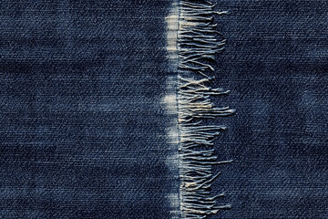 Worn denim fabric texture, faded blue, frayed edges, detailed stitching, casual and rugged style