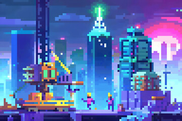 Vibrant  Cityscape at Sunset with Construction and Neon Lights