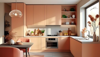 modern kitchen interior with table modern kitchen interior with accents in Peach Fuzz, creating a warm and inviting atmosphere