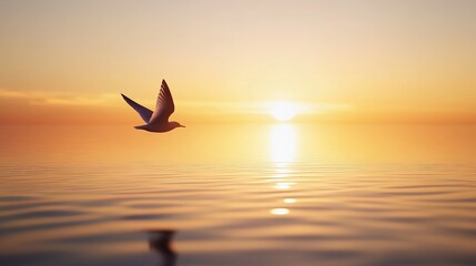 Minimalist sunset with a single bird flying across a clear sky, warm golden hues reflecting off calm water, capturing the beauty of simplicity in nature, 4K hyperrealistic photo.