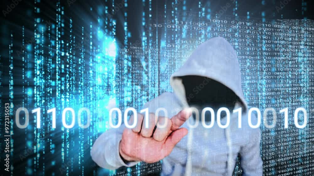 Poster hooded figure touching binary code, representing cyber security and hacking