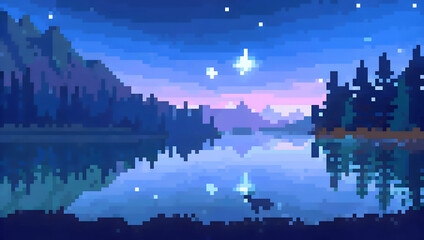 Pixel Art Landscape Tranquil Lake at Twilight with Starry Sky and Mountains