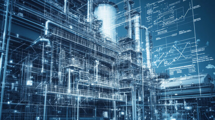 Blueprint of factory buildings overlaid with investment charts