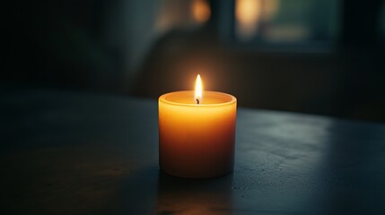 Minimalist scene with a single candle burning in a dark room, the soft flicker of light casting gentle shadows, symbolizing hope and solitude, 4K hyperrealistic photo.