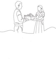 Lineart drwaing of man giving a gift a woman design vector