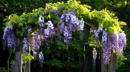 Obraz premium Wisteria Flowers Blooming on a Garden Trellis