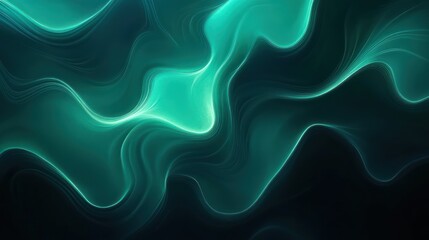 Abstract turquoise and black wave patterns create a fluid, ethereal backdrop.