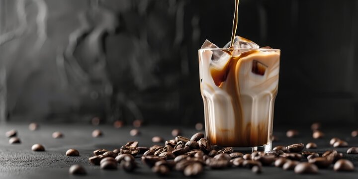 Milk Pouring into a Glass of Ice Mocha Latte with Syrup - A Refreshing and Delicious Beverage for Coffee Lovers, Perfect for Summer Days.