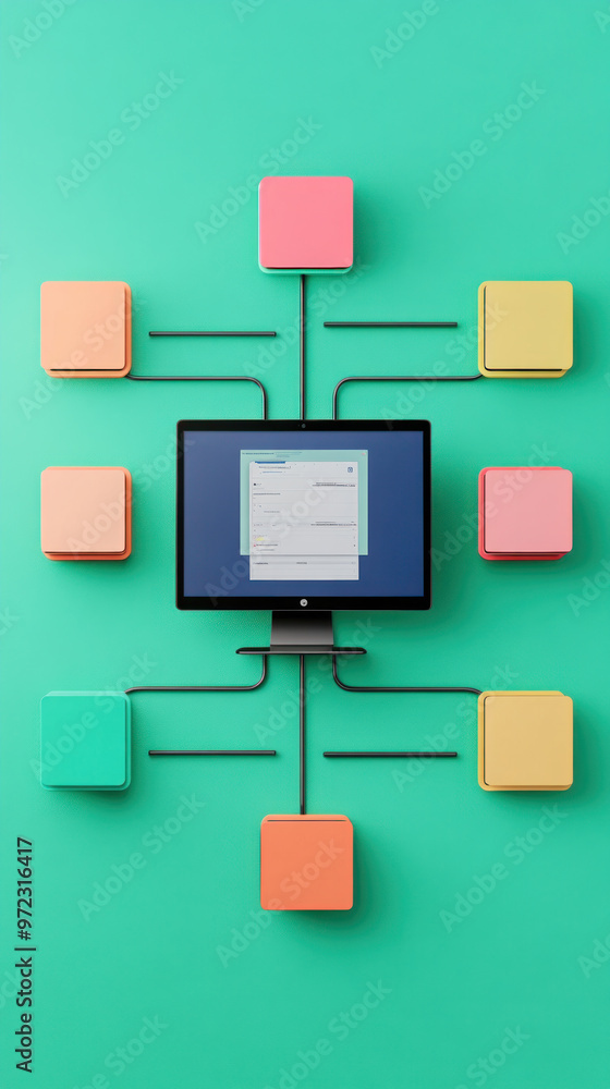 Poster a computer monitor is surrounded by colorful boxes that represent a network of connections. concept 