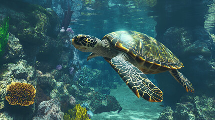 Fototapeta premium A serene sea turtle gliding through a tranquil underwater 