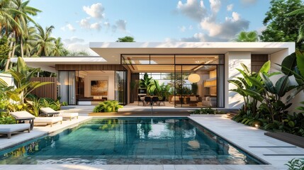 Front View of Modern Villa in Phuket with Swimming Pool, Wooden and White Interior, Garden Area, and Outdoor Terrace with Blue Sky