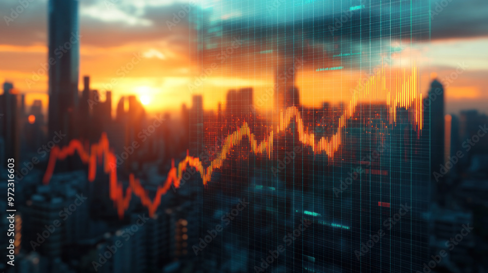 Poster a city skyline with a sunset in the background and a graph of numbers on a screen. scene is one of p