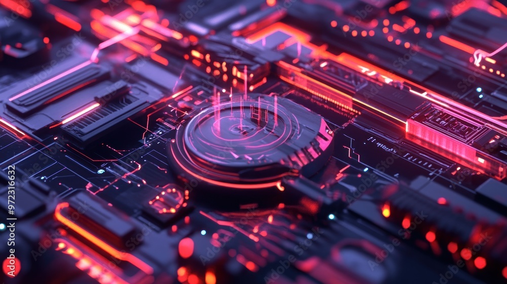Wall mural a close-up view of a futuristic circuit board with glowing elements and intricate details.