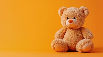 Obraz premium A cute teddy bear sits against a bright orange background, evoking warmth and comfort.