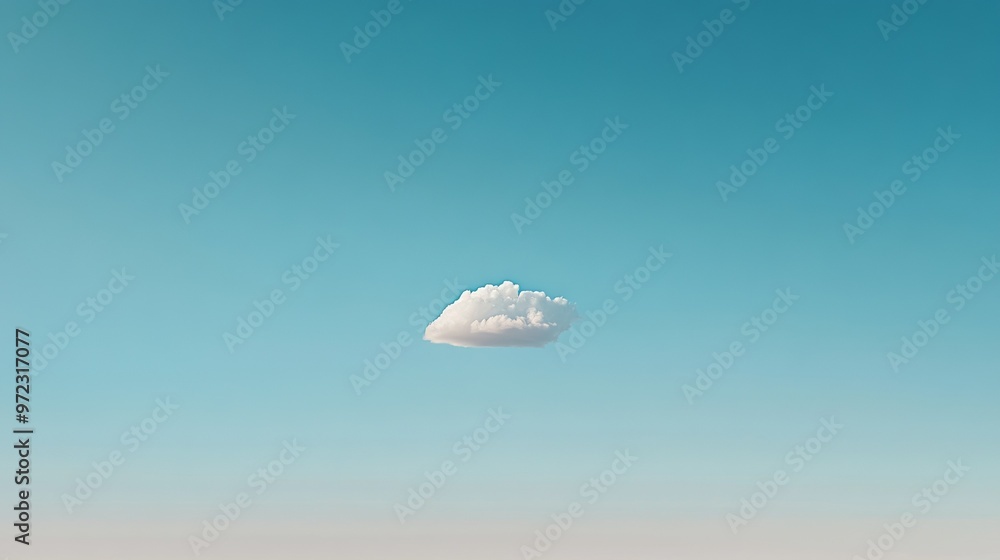 Poster minimalist scene with a single cloud in a bright blue sky, perfectly centered and floating above an 