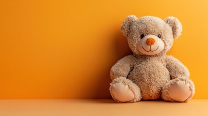 Fototapeta premium A cute teddy bear sits against a bright orange background, evoking warmth and comfort.