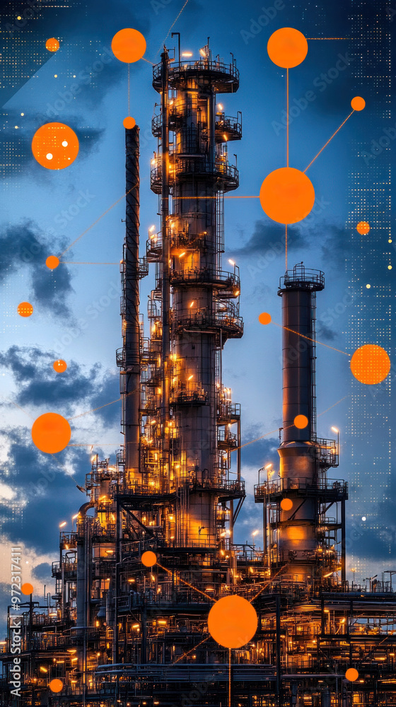 Poster a large industrial plant with many orange dots surrounding it. the dots are connected to each other,