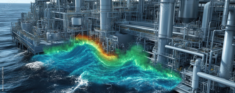 Poster a computer generated image of a wave crashing into a large industrial plant. concept of power and en